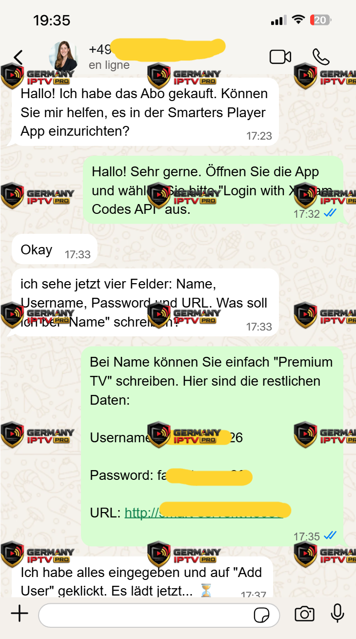 WhatsApp Support Gespräch – Smarters Player Schritt für Schritt eingerichtet